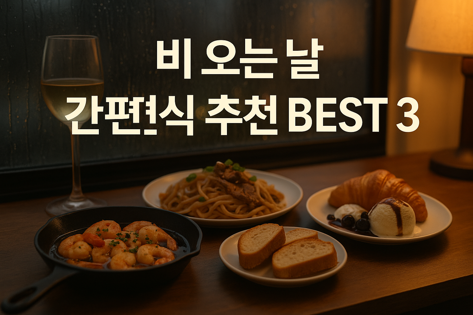 비 오는 날 간편식 추천을 위한 혼밥 만찬 썸네일 – 감바스, 우동, 디저트로 구성된 쿠팡 간편식
